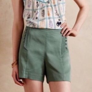 Elevenses Anthropologie Green High Waist Shorts Embroidery Buttons Whimsy Sz 6
